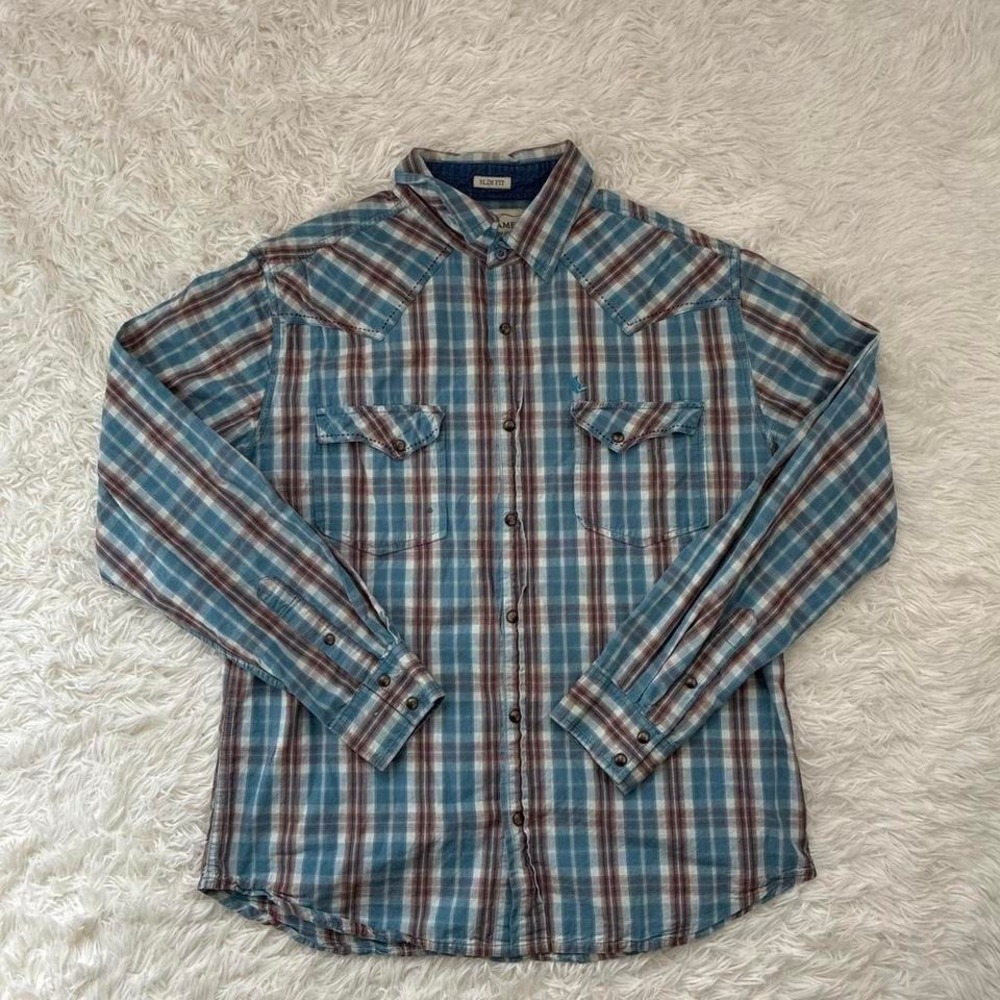 Vintage Western Cowboy Cody James pearl snap blue plaid button up shirt Size XL